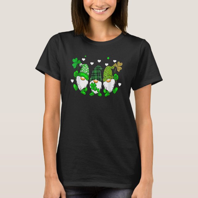 Three Gnomes Holding Shamrock Leopard Plaid St Pat T-Shirt (Front)