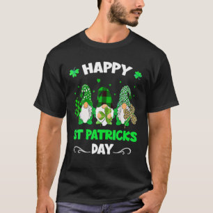 Three Gnomes Holding Shamrock Leopard Plaid St Pat T-Shirt