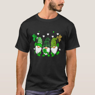 Three Gnomes Holding Shamrock Leopard Plaid St Pat T-Shirt