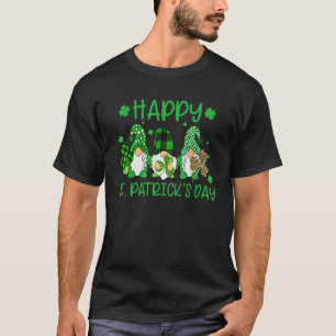 Three Gnomes Holding Shamrock Leopard Plaid St Pat T-Shirt