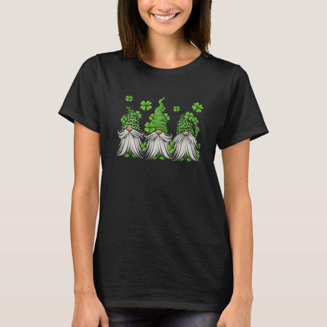 Three Gnomes Holding Shamrock Leopard Plaid St Pat T-Shirt (Front)