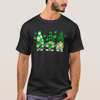 Three Gnomes Holding Shamrock Leopard Plaid St Pat T-Shirt