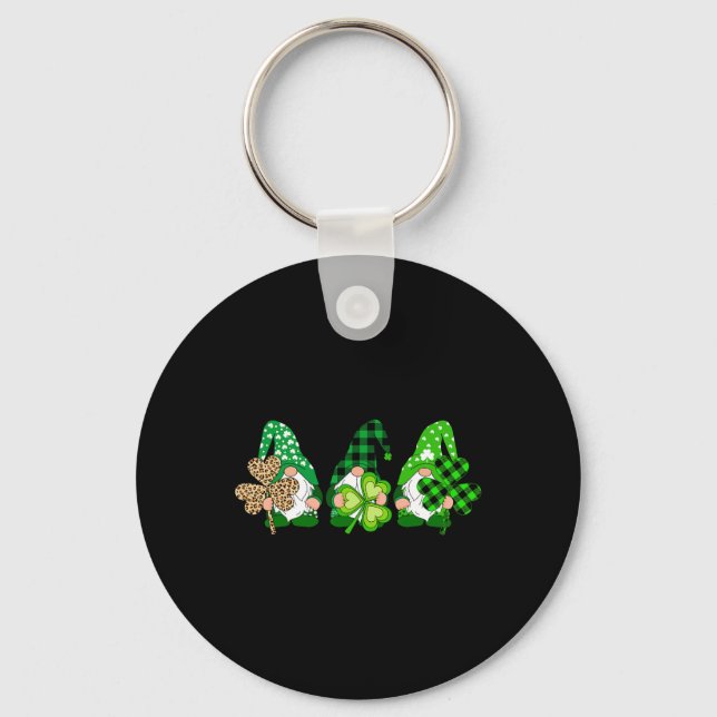 Three Gnomes Holding Shamrock Plaid Leopard St Pat Key Ring (Front)