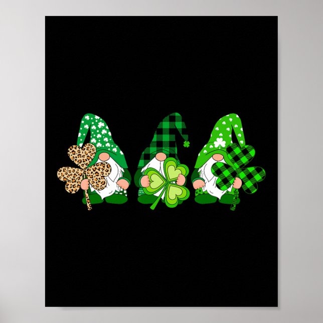 Three Gnomes Holding Shamrock Plaid Leopard St Pat Poster (Front)