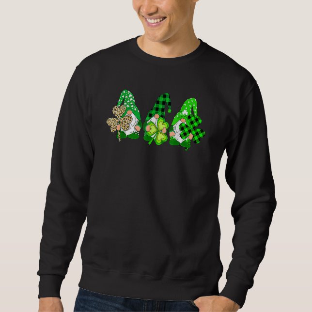 Three Gnomes Holding Shamrock Plaid Leopard St Pat Sweatshirt (Front)