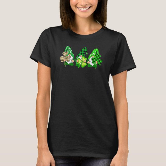 Three Gnomes Holding Shamrock Plaid Leopard St Pat T-Shirt (Front)