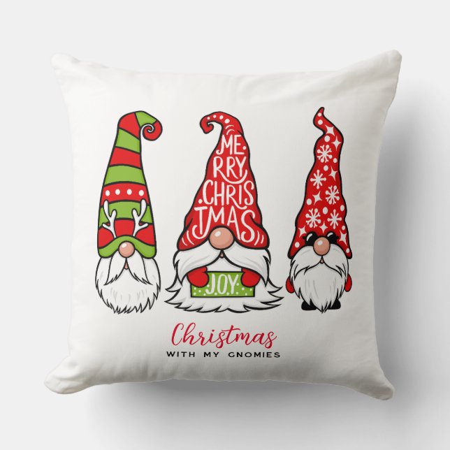 Three Gnomes Illustrations Merry Christmas Cushion (Front)