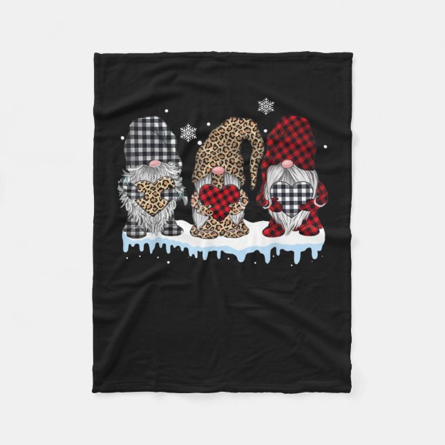 Three Gnomes In Leopard Buffalo Plaid Christmas Fleece Blanket (Front)