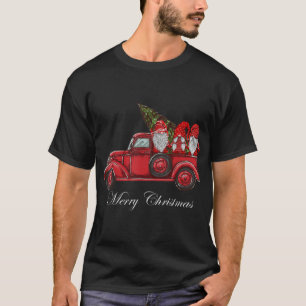 Three Gnomes in Red Truck With Merry Christmas Tre T-Shirt