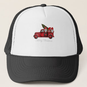 Three Gnomes in Red Truck With Merry Christmas Tre Trucker Hat