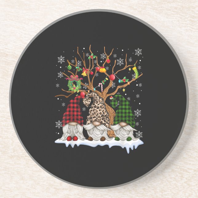 Three Gnomes Leopard Buffalo Plaid Red Christmas L Coaster (Front)