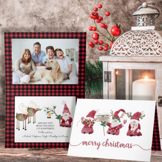 Three Gnomes Reindeer Watercolor Christmas Plaid Holiday Card (Creator Uploaded)
