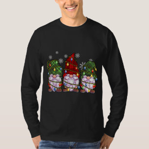 Three Gnomes Wearing Plaid Wrapped In Christmas Li T-Shirt