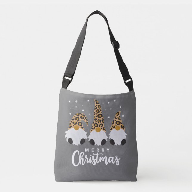 Three Gnomes With Leopard Plaid Gnome Christmas Crossbody Bag (Front)