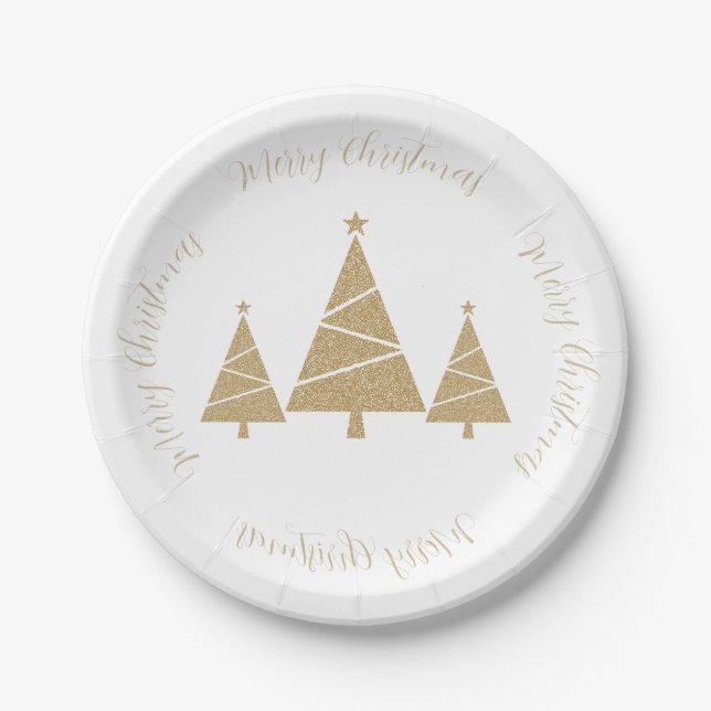 Three Gold Christmas Trees with Christmas greeting Paper Plate (Front)