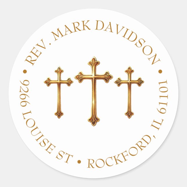 Three Gold Crosses Religious Address Classic Round Sticker (Front)