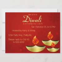Three Golden Deepas on Red Invitation