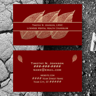 Three Golden Leaves on Maroon Counselor Therapist Business Card