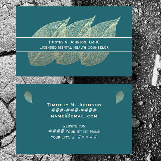 Three Golden Leaves on Teal Counselor Psychologist Business Card