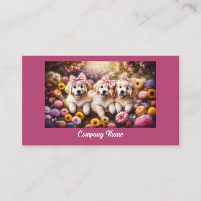 Three Golden Retriever Puppies with Flowers Business Card (Front)
