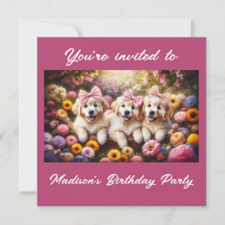 Three Golden Retriever Puppies with Flowers Invitation