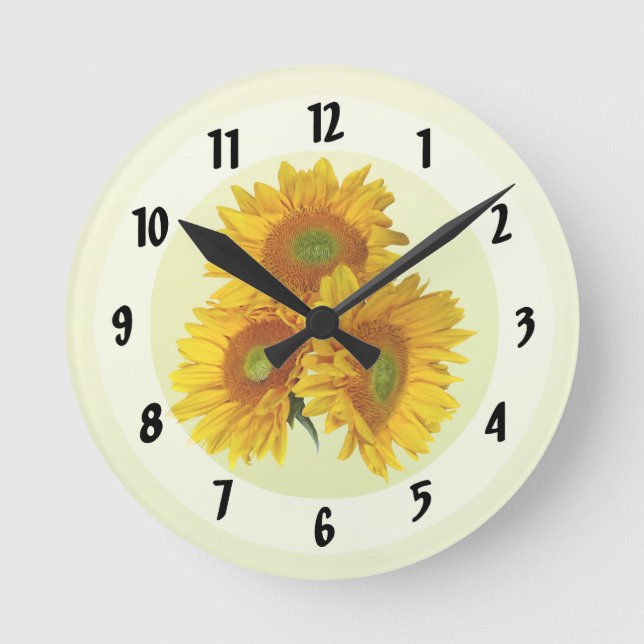 Three Golden Sunflowers Round Clock (Front)
