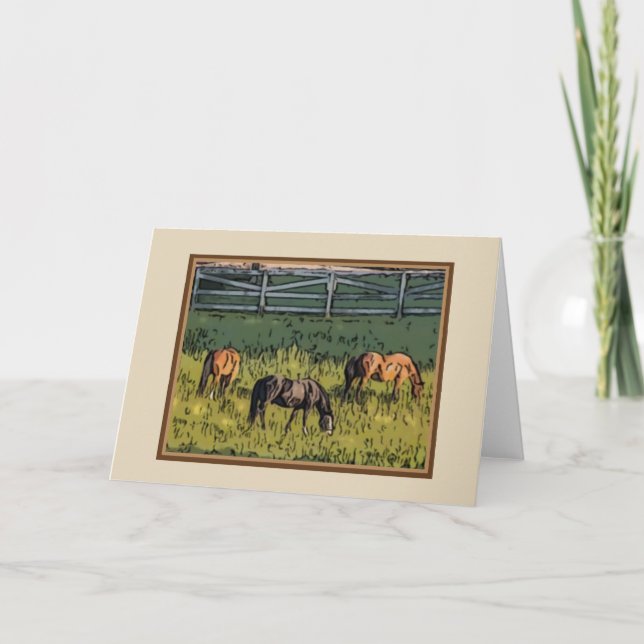 Three Grazing Horses Note Card (Front)
