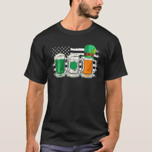 Three Green Beer Shamrocks Ireland Usa Flag St Pat T-Shirt