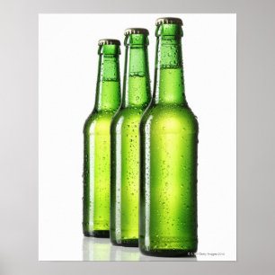 Three green bottles of beer on white background, poster