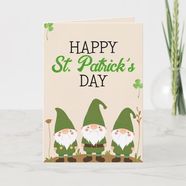 Three Green Gnomes with Shamrocks St Patrick's Day Card (Front)