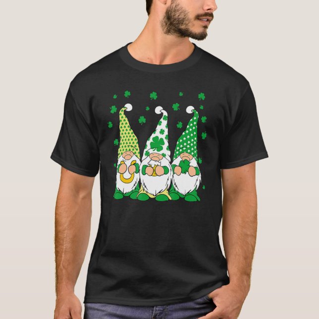 Three Green Irish Gnomes Shamrock Clover St Patric T-Shirt (Front)
