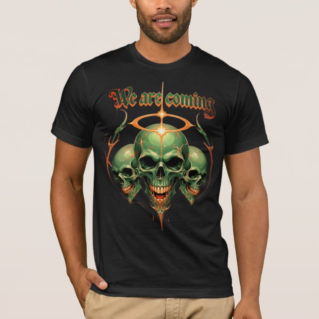 Three Green Skulls with Golden Halo and Fierce Exp T-Shirt (Front)