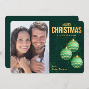 Three Green Tree Bulbs Snowflake Photo Christmas Holiday Card