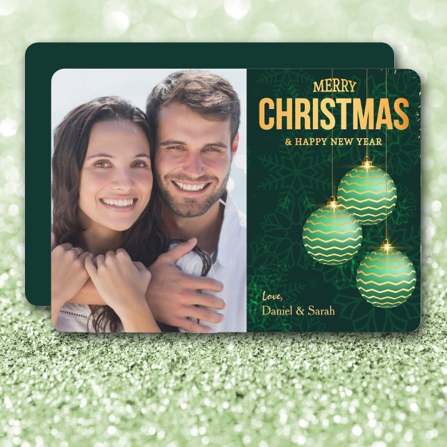 Three Green Tree Bulbs Snowflake Photo Christmas Holiday Card (Creator Uploaded)