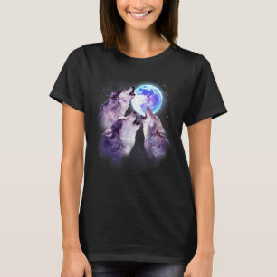 Three Grey Wolf Howling At The Moon 3 Wolves Space T-Shirt