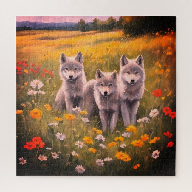 Three grey wolf pups jigsaw puzzle (Vertical)