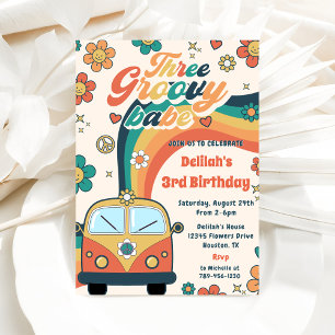 Three Groovy Babe Retro Floral 3rd Birthday Party  Invitation