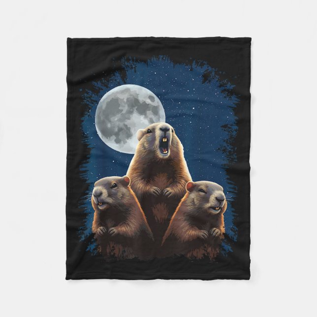 Three Groundhogs And A Moon Funny Groundhog Day  Fleece Blanket (Front)