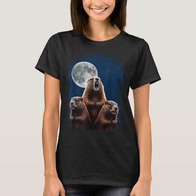 Three Groundhogs And A Moon Funny Groundhog Day  T-Shirt (Front)
