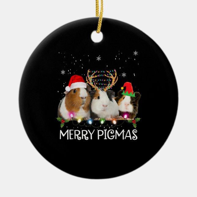 Three Guinea Pig Christmas Lights Santa Hat Xmas Ceramic Ornament (Front)