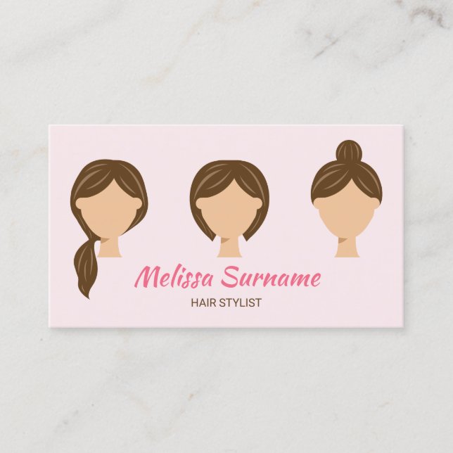Three Hair Styles Illustration Girly Pink Business Card (Front)
