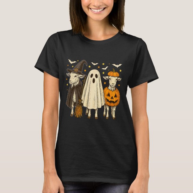 Three Halloween Goats Cosplay Witch Boo Carved Pum T-Shirt (Front)