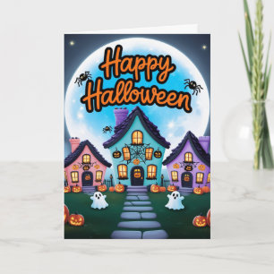 Three halloween houses full moon kawaii card