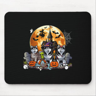 Three Halloween Huskies As Horror Witch Mummy Zomb Mouse Pad