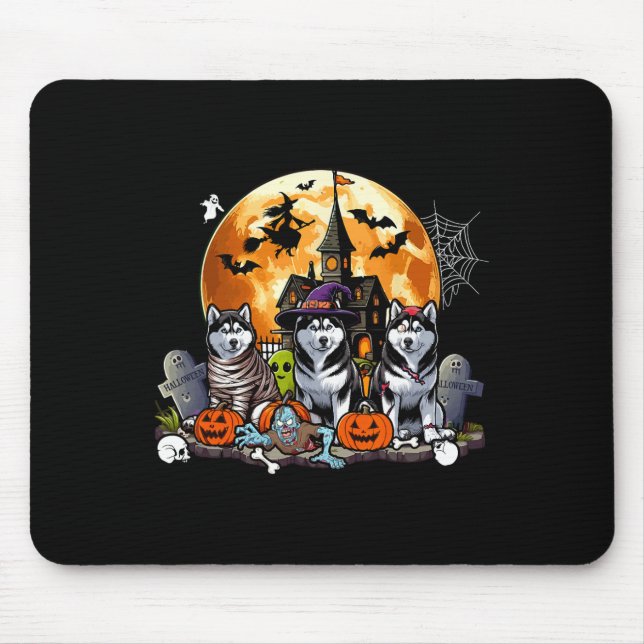 Three Halloween Huskies As Horror Witch Mummy Zomb Mouse Pad (Front)
