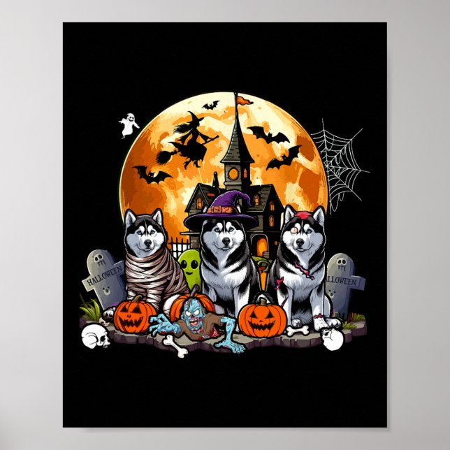 Three Halloween Huskies As Horror Witch Mummy Zomb Poster (Front)