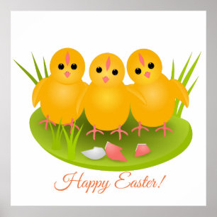 Three Happy Easter yellow chickens Poster