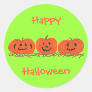 Three Happy Pumpkins in Hay Halloween Stickers