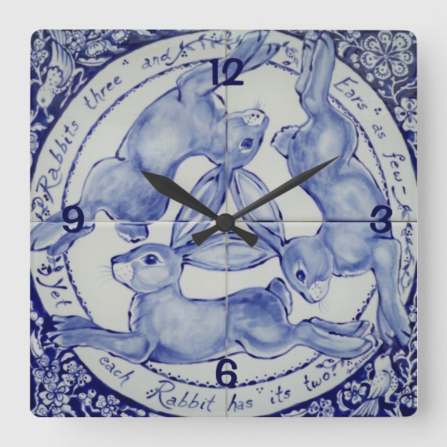 Three Hares Rabbit Blue & White Medallion Bird Square Wall Clock (Front)