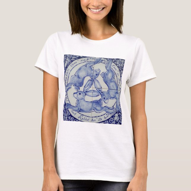 Three Hares Rabbit Blue & White Medallion Bird T-Shirt (Front)